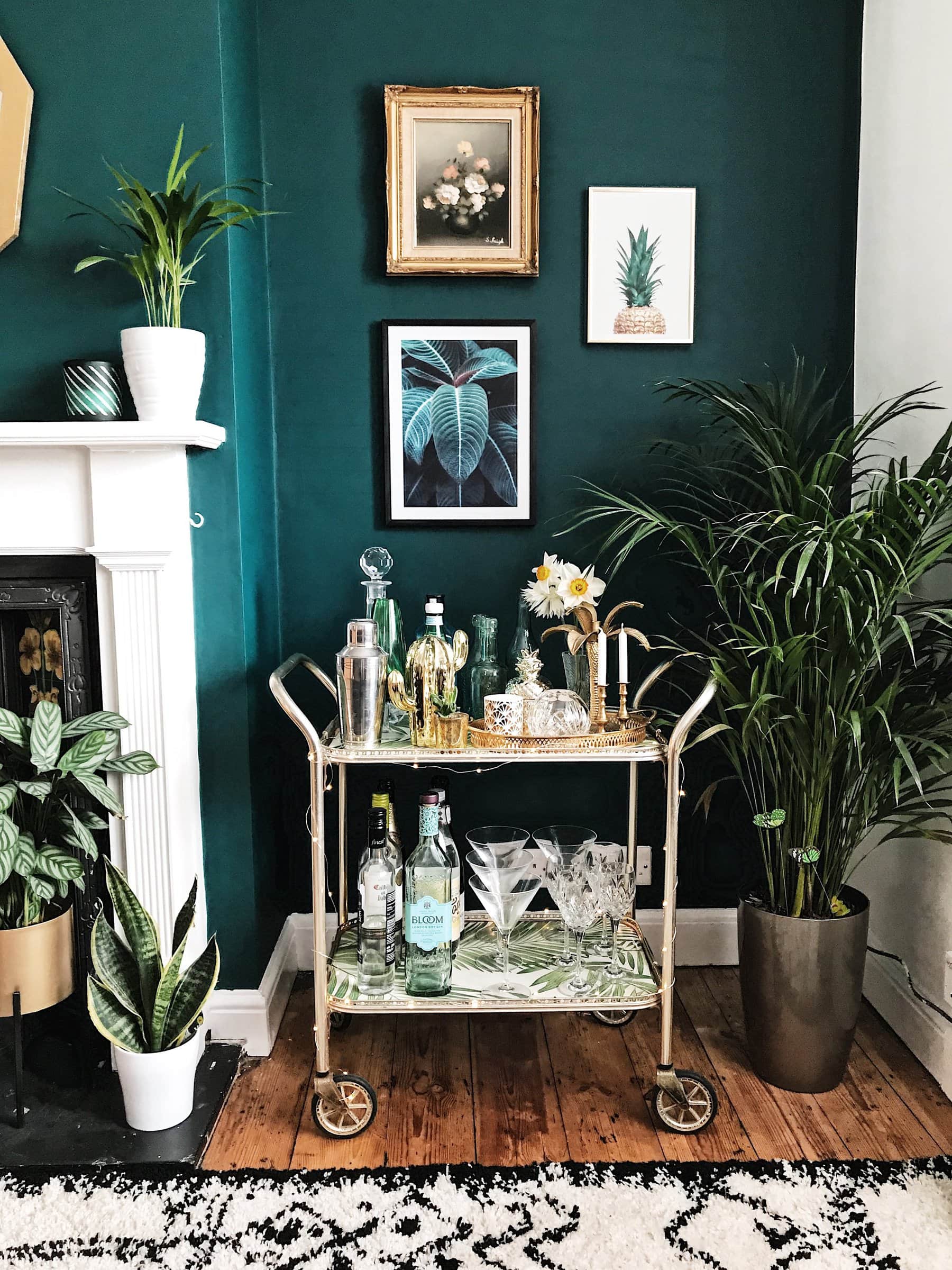 lots of plants in the living room with a dark green wall